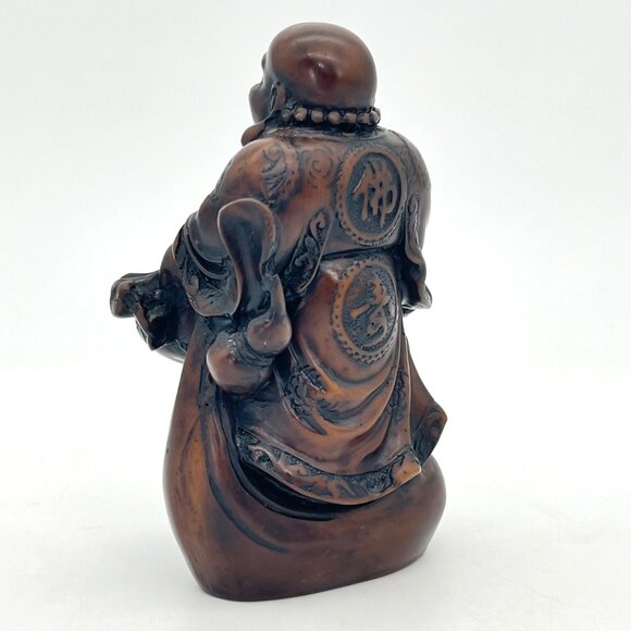 Laughing Buddha Figurine 6" Carved Solid Wood Dark Stain Chinese Script 1.5 lbs - Picture 4 of 14